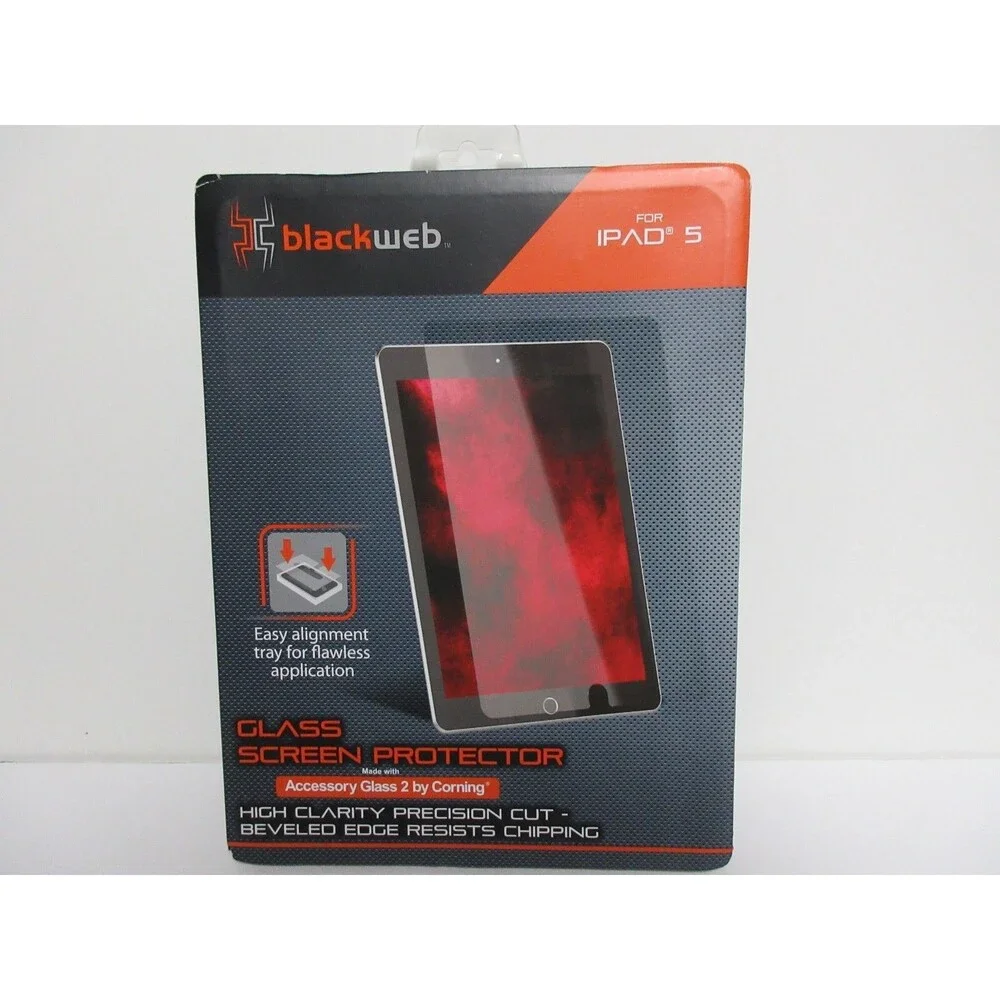 Black Web Glass Screen Protector For Ipad 5 W/ Easy Alignment Tray NEW